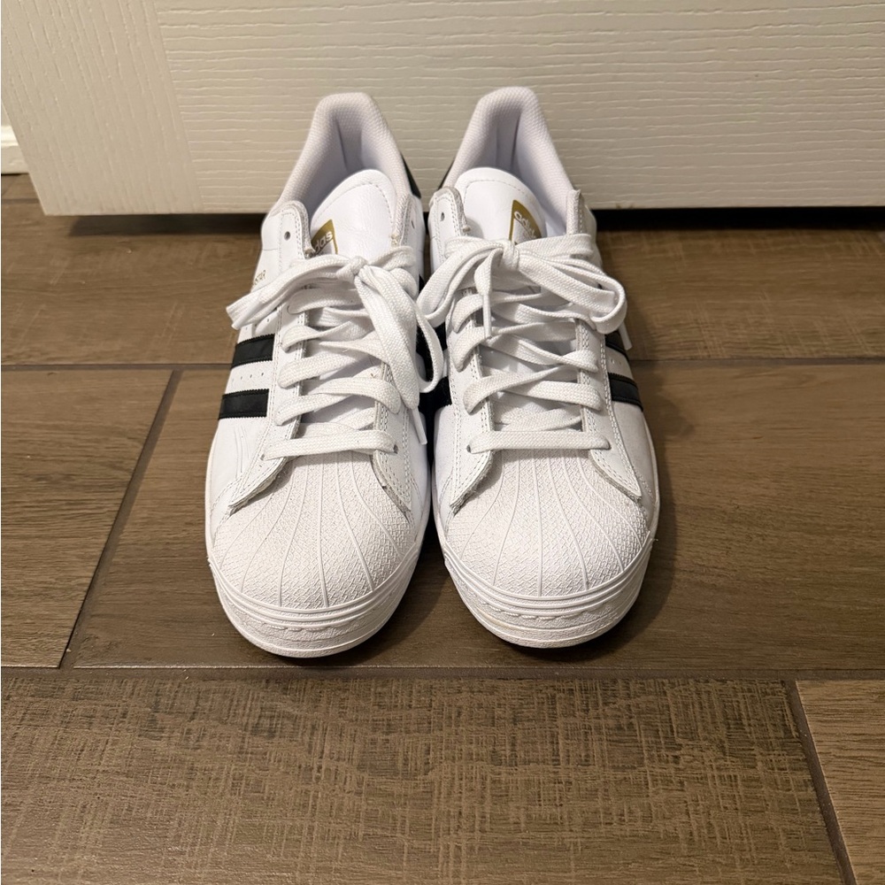 Adidas Superstar ADV White Sneakers with Black Stripes and Gold Accents - Picture 2 of 10
